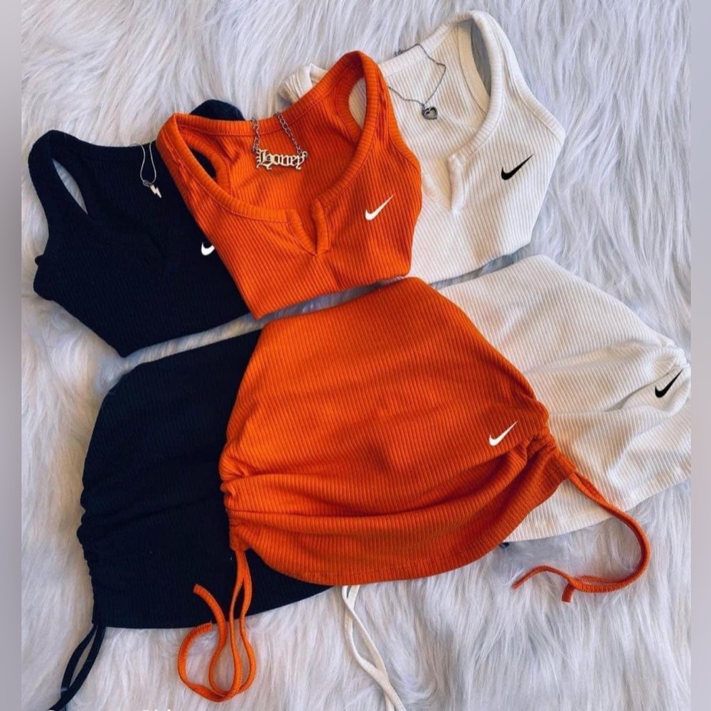 Nike Orange and Black 2 Piece Set (Cropped Tank Top and Skirt)
